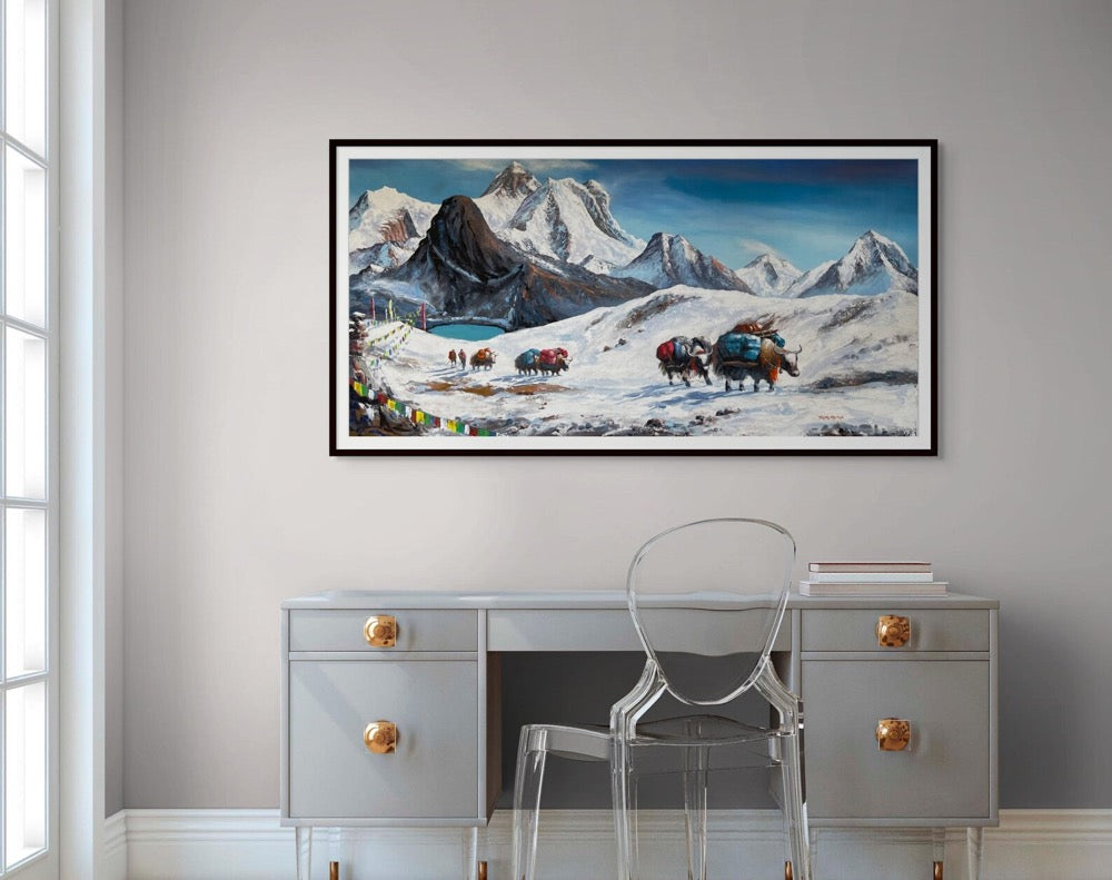 Mt Everest Yaks Wall Art, Original Watercolor Painting, Mountain Acrylic Painting on Canvas, Himalayan