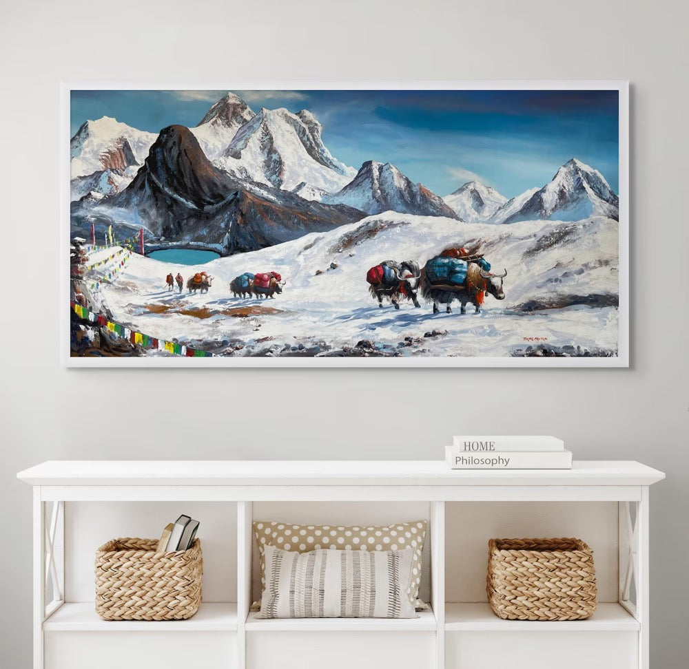 Mt Everest Yaks Wall Art, Original Watercolor Painting, Mountain Acrylic Painting on Canvas, Himalayan