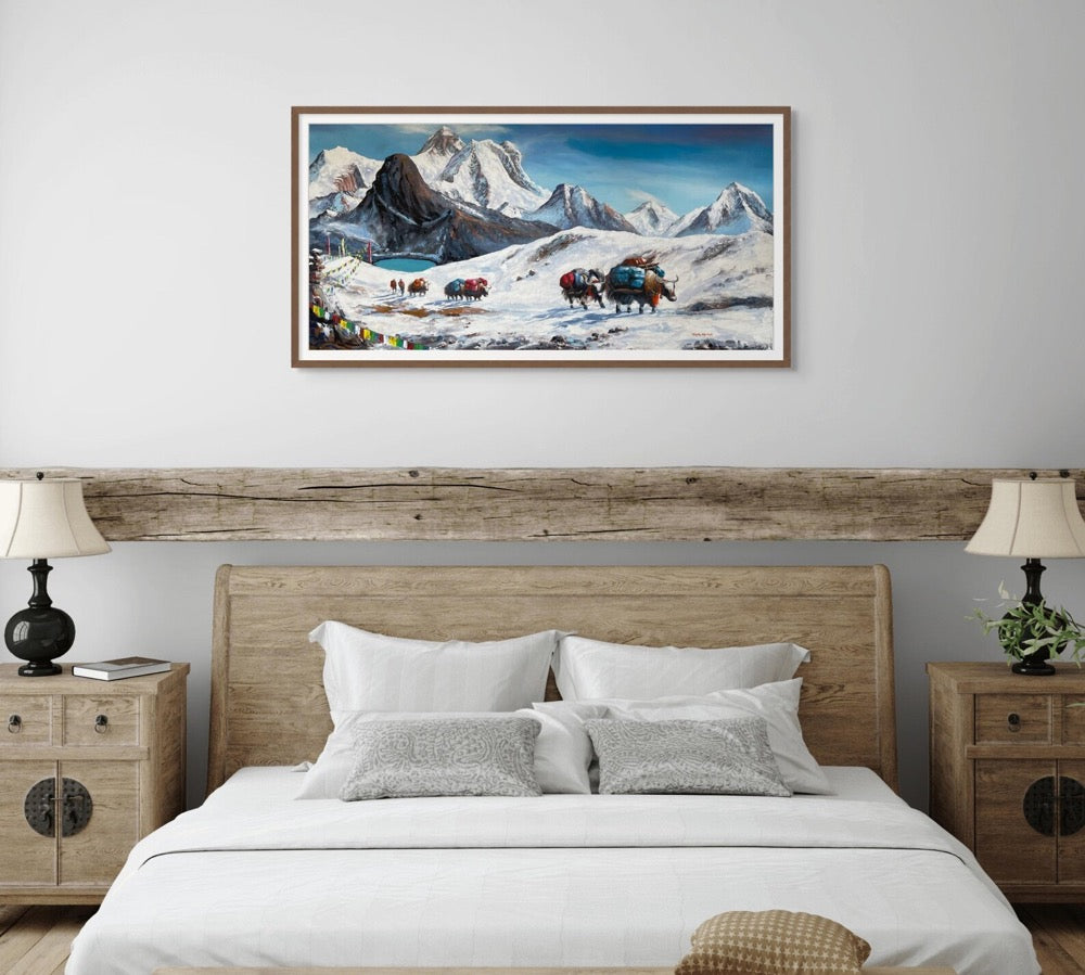 Mt Everest Yaks Wall Art, Original Watercolor Painting, Mountain Acrylic Painting on Canvas, Himalayan