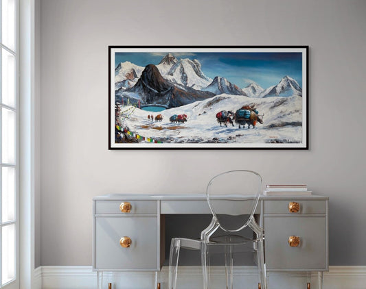 Mt Everest Yaks Wall Art, Original Watercolor Painting, Mountain Acrylic Painting on Canvas, Himalayan