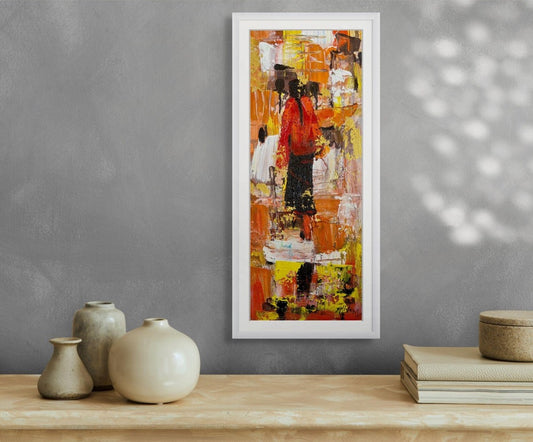 Nepali Culture Abstract Wall Art, Original Watercolor Painting, Unstretched Canvas by Shiva M, 6x15 in Ethnic Home Decor