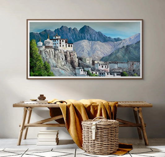 Ladakh Himalayan Village Wall Art, Original Watercolor Style Acrylic Painting on Canvas, 24x48" Mountain Home Decor